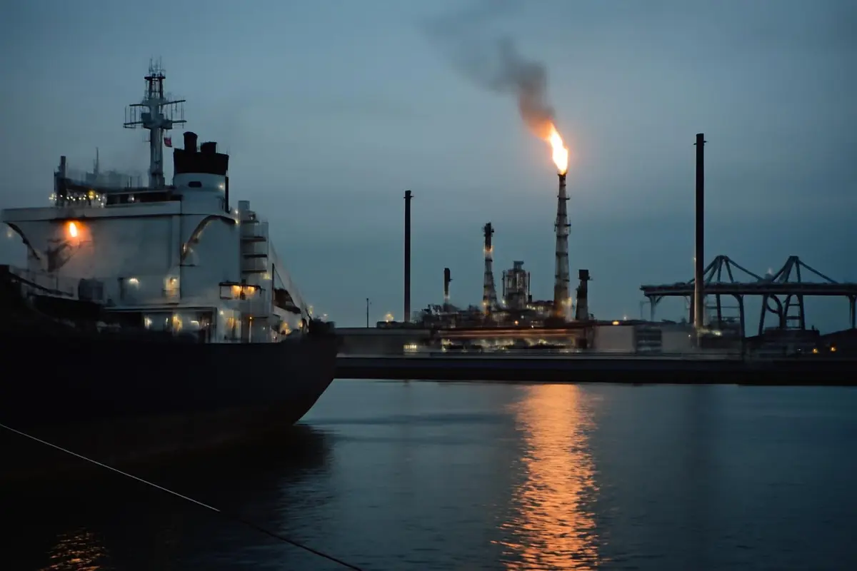 Olieraffinaderij en tanker in een Europese haven bij schemering